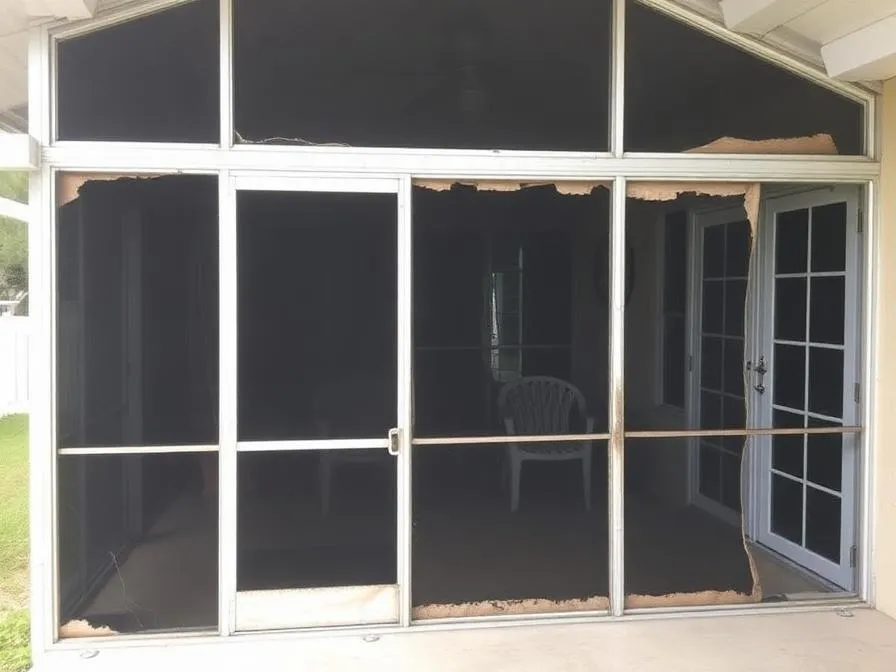 Torn patio screen panels before rescreening by J-Rod and Sons in Jacksonville, FL